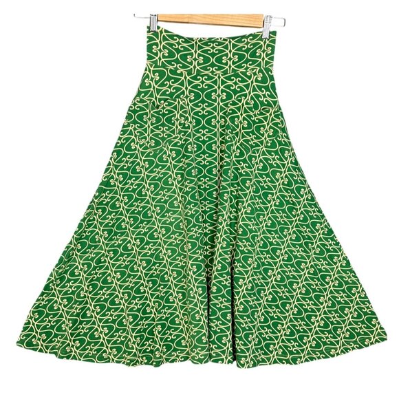 Effie's Heart Retro Stretch Aline Skirt XS Green Ivory Midi Length Heart Pockets - Picture 1 of 9